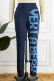 Deep Blue Casual Letter Print Basic Regular High Waist Pencil Trousers