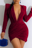 Rose Red Sexy Solid Patchwork V Neck Long Sleeve Dresses