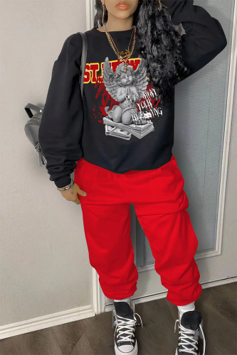 Red Street Print Patchwork O Neck Long Sleeve Two Pieces