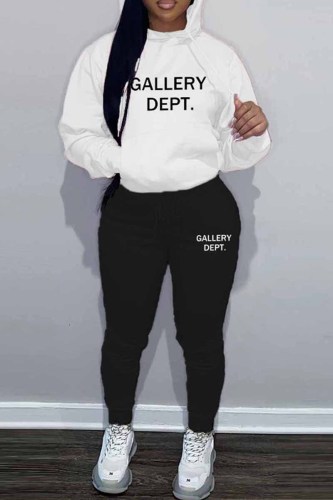 Black And White Sportswear Print Letter Hooded Collar Long Sleeve Two Pieces