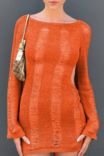 Tangerine Red Sexy Solid Hollowed Out Patchwork Backless O Neck One Step Skirt Dresses