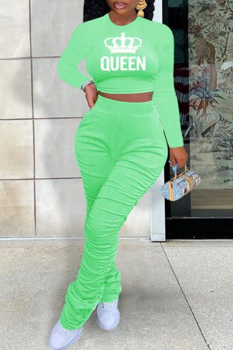 Light Green Casual Print Patchwork Fold O Neck Long Sleeve Two Pieces