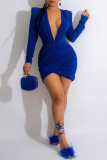 Blue Sexy Solid Patchwork V Neck Long Sleeve Dresses