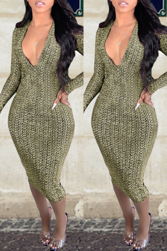 Green Casual Print Basic V Neck Long Sleeve Dresses