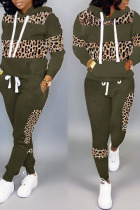 Green Casual Print Patchwork Hooded Collar Long Sleeve Two Pieces