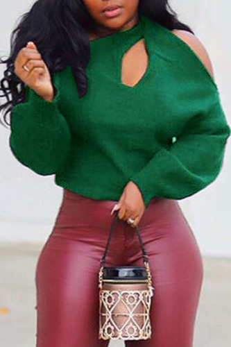 Green Casual Solid Hollowed Out Patchwork Halter Tops