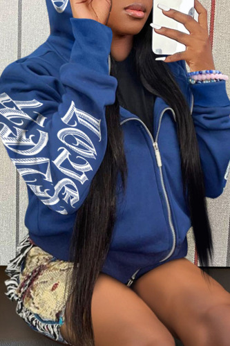 Blue Casual Street Print Patchwork Zipper Hooded Collar Tops