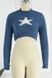Blue Casual The stars Patchwork O Neck Tops
