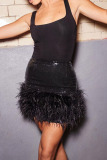 Black Sexy Street Solid Sequins Patchwork Feathers High Waist Pencil Solid Color Bottoms