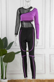 Purple Sexy Casual Patchwork See-through Contrast O Neck Long Sleeve Two Pieces