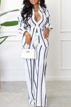 White Casual Striped Print Basic Turndown Collar Long Sleeve Two Pieces