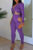 Purple Sexy Solid Hollowed Out Patchwork Metal Accessories Decoration V Neck Long Sleeve Two Pieces