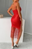 Red Sexy Patchwork Tassel Sequins Patchwork Backless Spaghetti Strap Sleeveless Dress Dresses