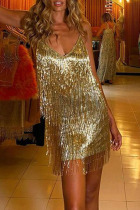 Gold Sexy Solid Tassel Patchwork Spaghetti Strap Sling Dress Dresses