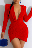 Red Sexy Solid Patchwork V Neck Long Sleeve Dresses