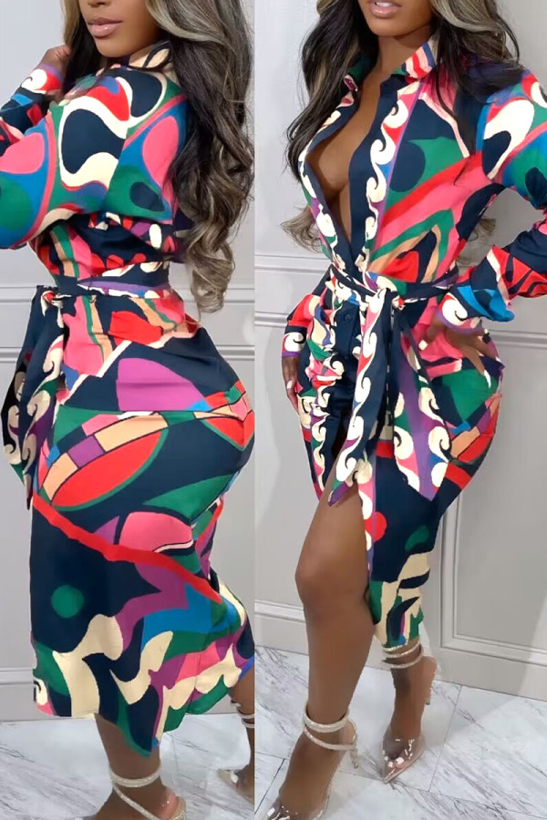Casual Print Patchwork Buckle Turndown Collar Shirt Dress Dresses main image 1