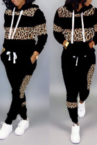 Leopard Print Casual Print Patchwork Hooded Collar Long Sleeve Two Pieces