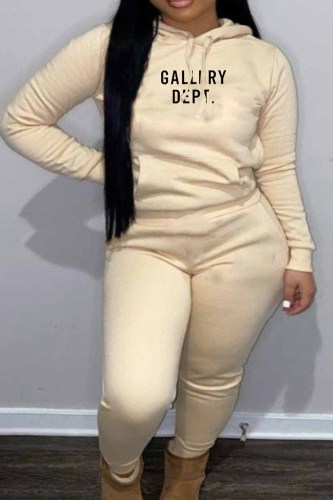 Khaki Sportswear Print Letter Hooded Collar Long Sleeve Two Pieces