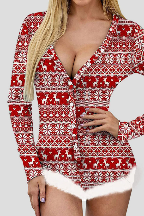 Red Casual Print Patchwork Buckle Feathers V Neck Skinny Rompers