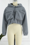 Grey Casual Solid Patchwork Pocket Hooded Collar Tops