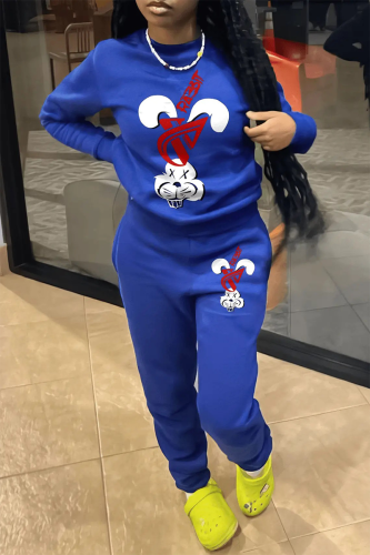 Blue Casual Print Patchwork O Neck Long Sleeve Two Pieces