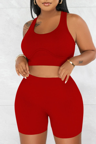 Red Casual Solid Patchwork U Neck Sleeveless Two Pieces