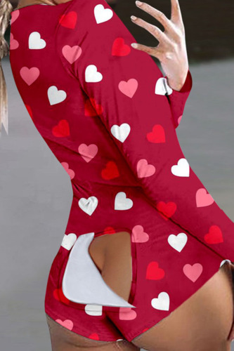 Red Sexy Print Patchwork V Neck Skinny Bodysuits