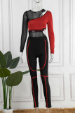 Red Sexy Casual Patchwork See-through Contrast O Neck Long Sleeve Two Pieces