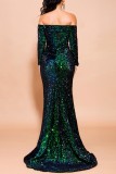 Green Sexy Formal Solid Hollowed Out Patchwork Off the Shoulder Evening Dress Dresses
