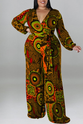 Brown Casual Print Bandage Patchwork V Neck Plus Size Jumpsuits