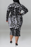 Burgundy Fashion Print Patchwork Turndown Collar Pencil Skirt Plus Size Dresses