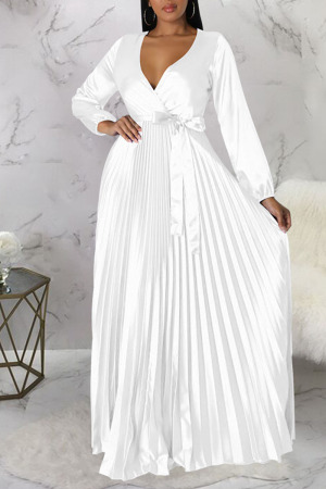 White Casual Elegant Solid Bandage Patchwork Fold V Neck Straight Dresses