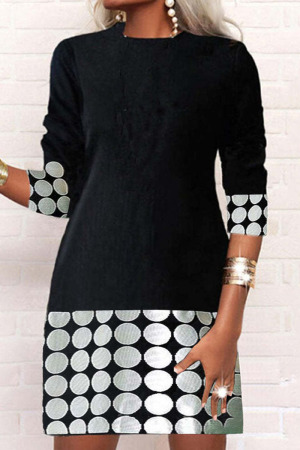 Black White Casual Print Patchwork O Neck Long Sleeve Dresses