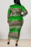 Green Fashion Casual Striped Print Patchwork O Neck One Step Skirt Plus Size Dresses