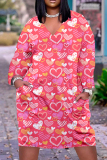 Valentine's Day Light Pink Casual Print Basic V Neck Long Sleeve Dresses