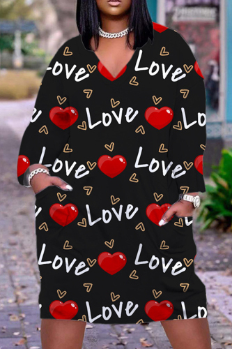 Valentine's Day Black Red Casual Print Basic V Neck Long Sleeve Dresses