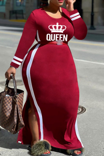 Burgundy Fashion Casual Letter Print Patchwork O Neck Plus Size Dresses (Without Belt)