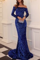 Blue Sexy Formal Solid Hollowed Out Patchwork Off the Shoulder Evening Dress Dresses