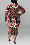 Black Fashion Print Patchwork Turndown Collar Pencil Skirt Plus Size Dresses