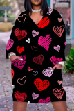 Valentine's Day Black Pink Casual Print Basic V Neck Long Sleeve Dresses