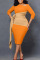Orange Elegant Print Bandage Patchwork Fold Asymmetrical Collar One Step Skirt Dresses