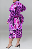 Brown Fashion Print Patchwork Turndown Collar Pencil Skirt Plus Size Dresses
