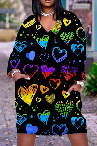 Valentine's Day Blue Black Casual Print Basic V Neck Long Sleeve Dresses