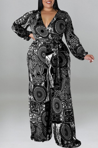Black Casual Print Bandage Patchwork V Neck Plus Size Jumpsuits