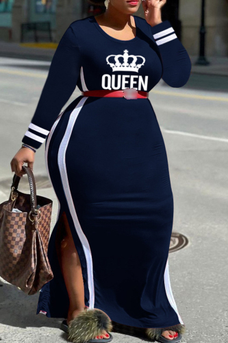 Tibetan Blue Fashion Casual Letter Print Patchwork O Neck Plus Size Dresses (Without Belt)