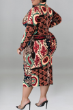 Green Fashion Print Patchwork Turndown Collar Pencil Skirt Plus Size Dresses