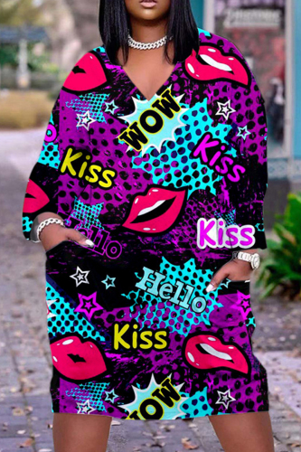 Valentine's Day Purple Casual Print Basic V Neck Long Sleeve Dresses