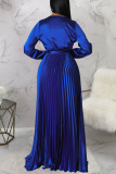 Colorful Blue Casual Elegant Solid Bandage Patchwork Fold V Neck Straight Dresses