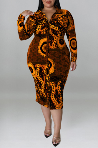 Brown Fashion Print Patchwork Turndown Collar Pencil Skirt Plus Size Dresses