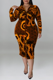 Brown Fashion Print Patchwork Turndown Collar Pencil Skirt Plus Size Dresses